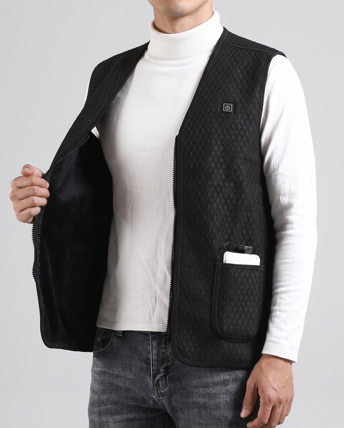 Gilet chauffant léger homme et femme – fin, col en V, 5 zones